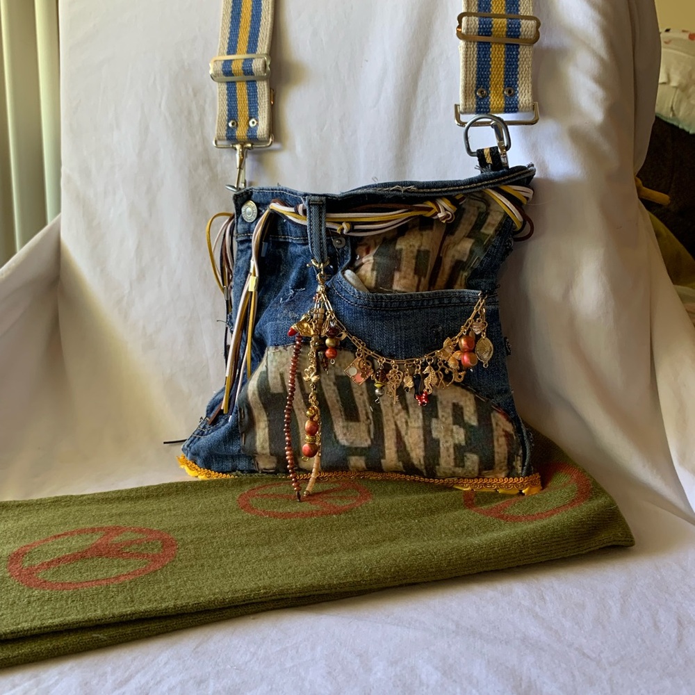 Stylish Denim Crossbody Slouch Bag with Gold Accents Side A, Silver Side B